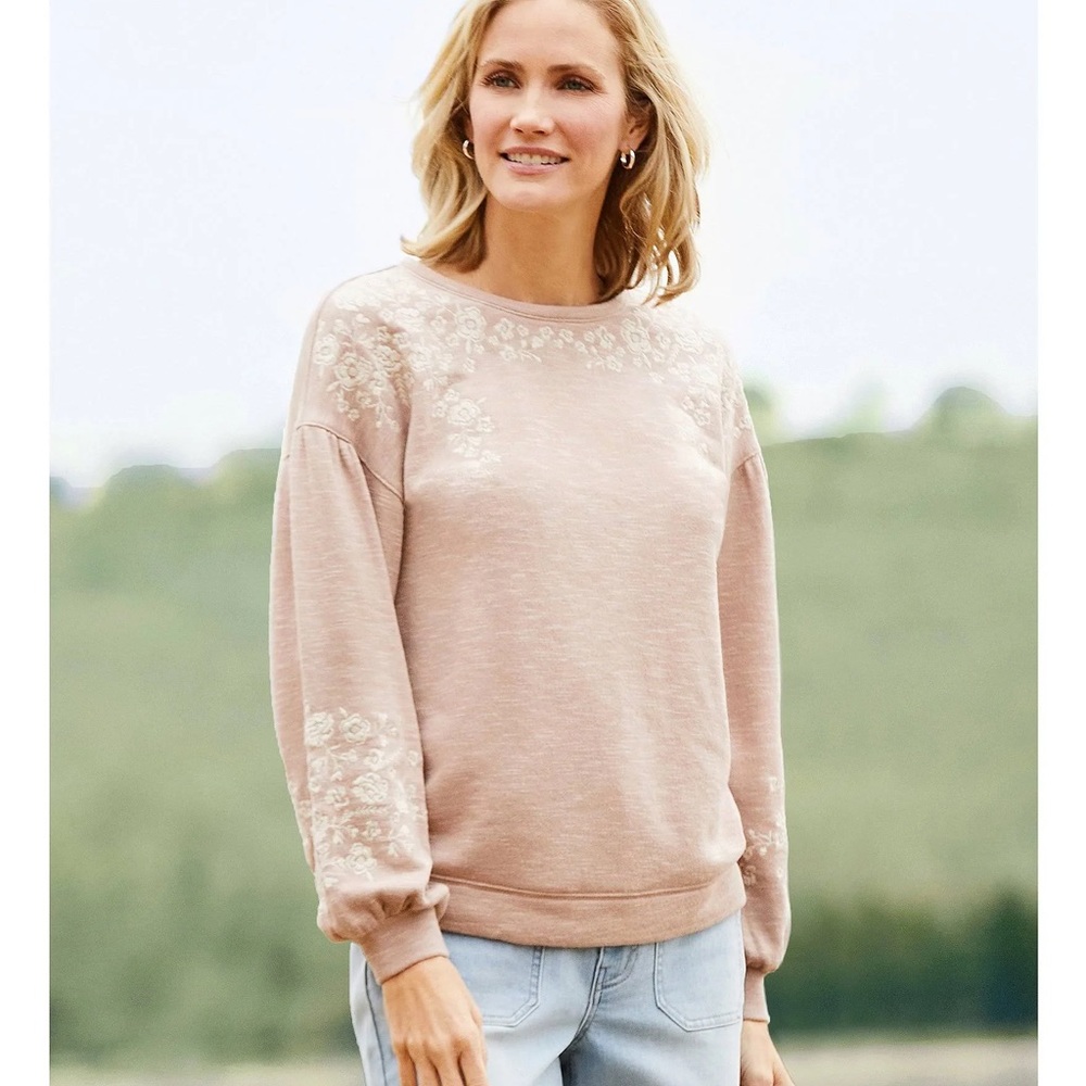 Nature by Westbound Floral Embroidered Sweatshirt - Taupe - Picture 1 of 7